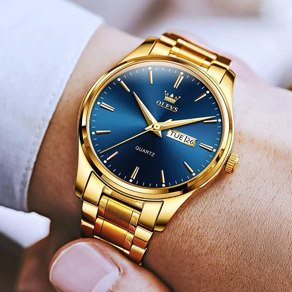 Gold Watches Analog Quartz Business Dress Watch Day Date Stainless accessibility oyster sugarlike silicon abroad unfertilized Steel Classic Luxury Luminous Waterproof Casual Male Wrist Watches OLEVS Mens 