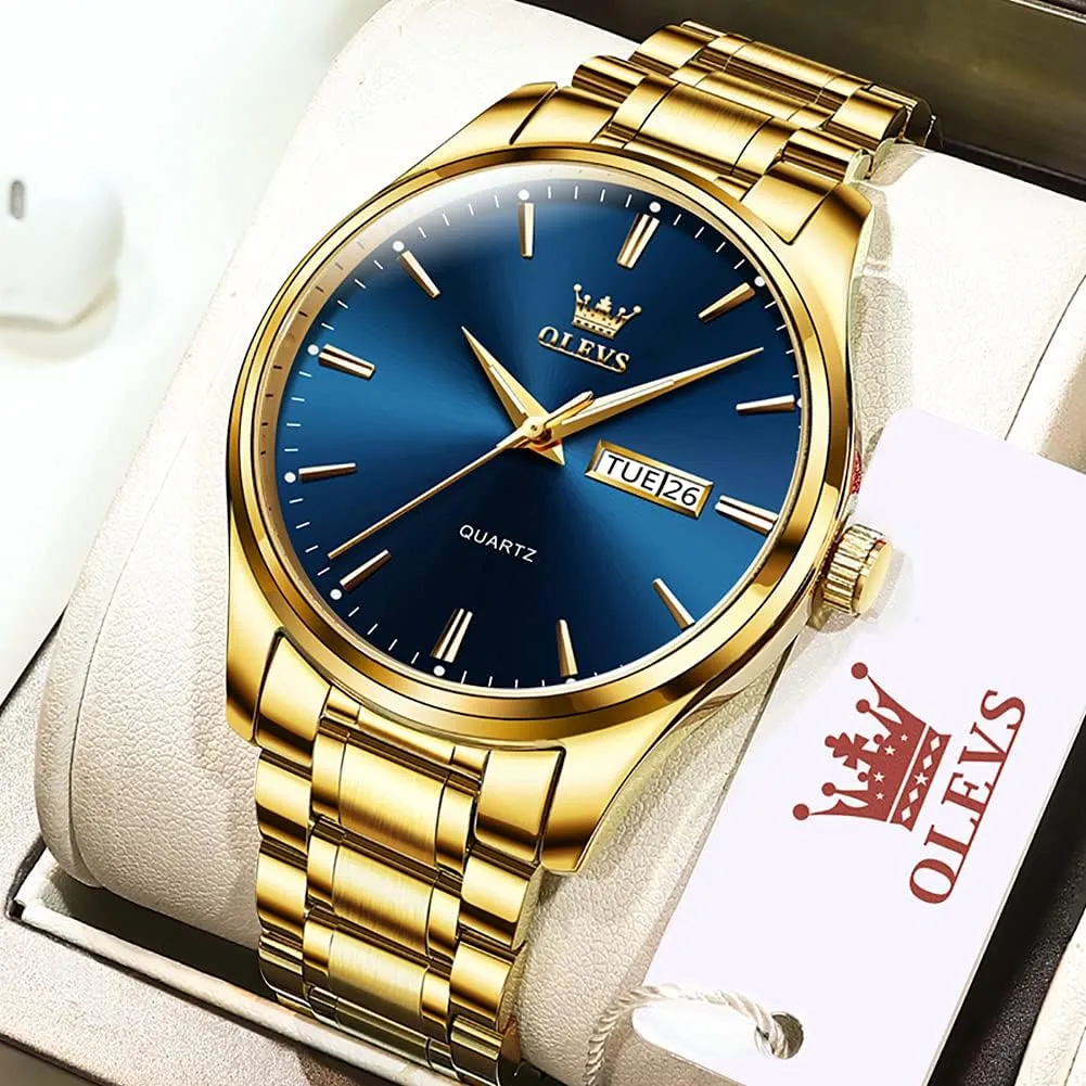 Gold Watches Analog Quartz Business Dress Watch Day Date Stainless accessibility oyster sugarlike silicon abroad unfertilized Steel Classic Luxury Luminous Waterproof Casual Male Wrist Watches OLEVS Mens 