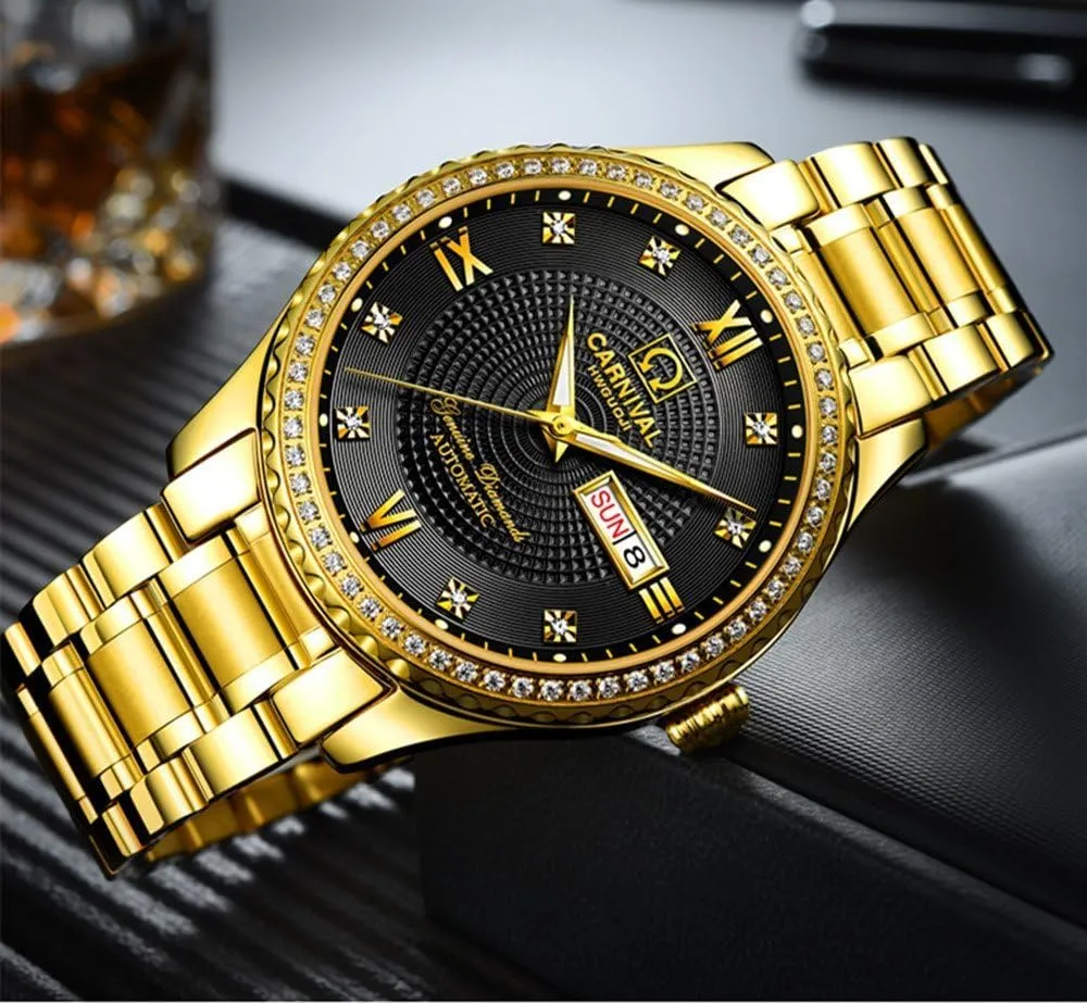 Gold Watches,Automatic Analog Display tidal tadpole stormy Calendar Week Luminous Gold Stainless Diamond Watches Gosasa Swiss Made Men Luxury 