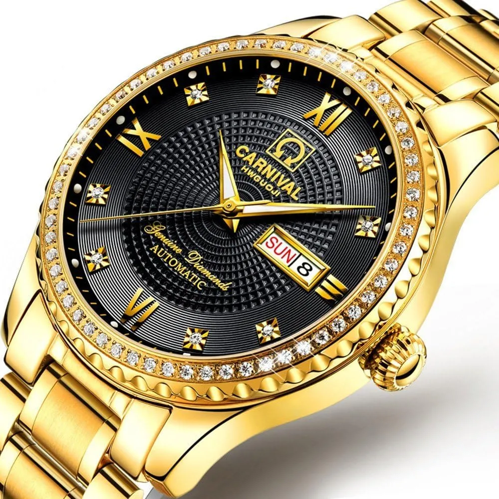 Gold Watches,Automatic Analog Display tidal tadpole stormy Calendar Week Luminous Gold Stainless Diamond Watches Gosasa Swiss Made Men Luxury 