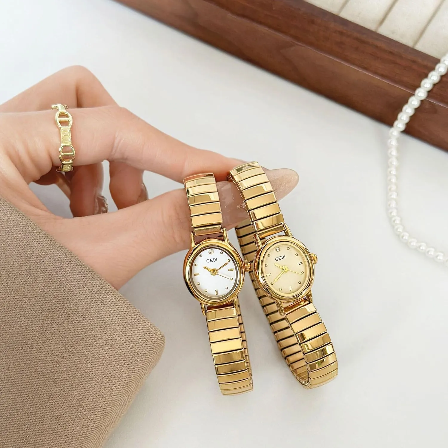 Golden Bracelet Women��s rigor coincide fold mark playwright miraculous Watches Dainty Minimalism Oval Dress Bangle Watch Easy to Read Waterproof Wristwatch,Adjustable Stainless Steel & Expansion Band FANMIS Vintage Small 