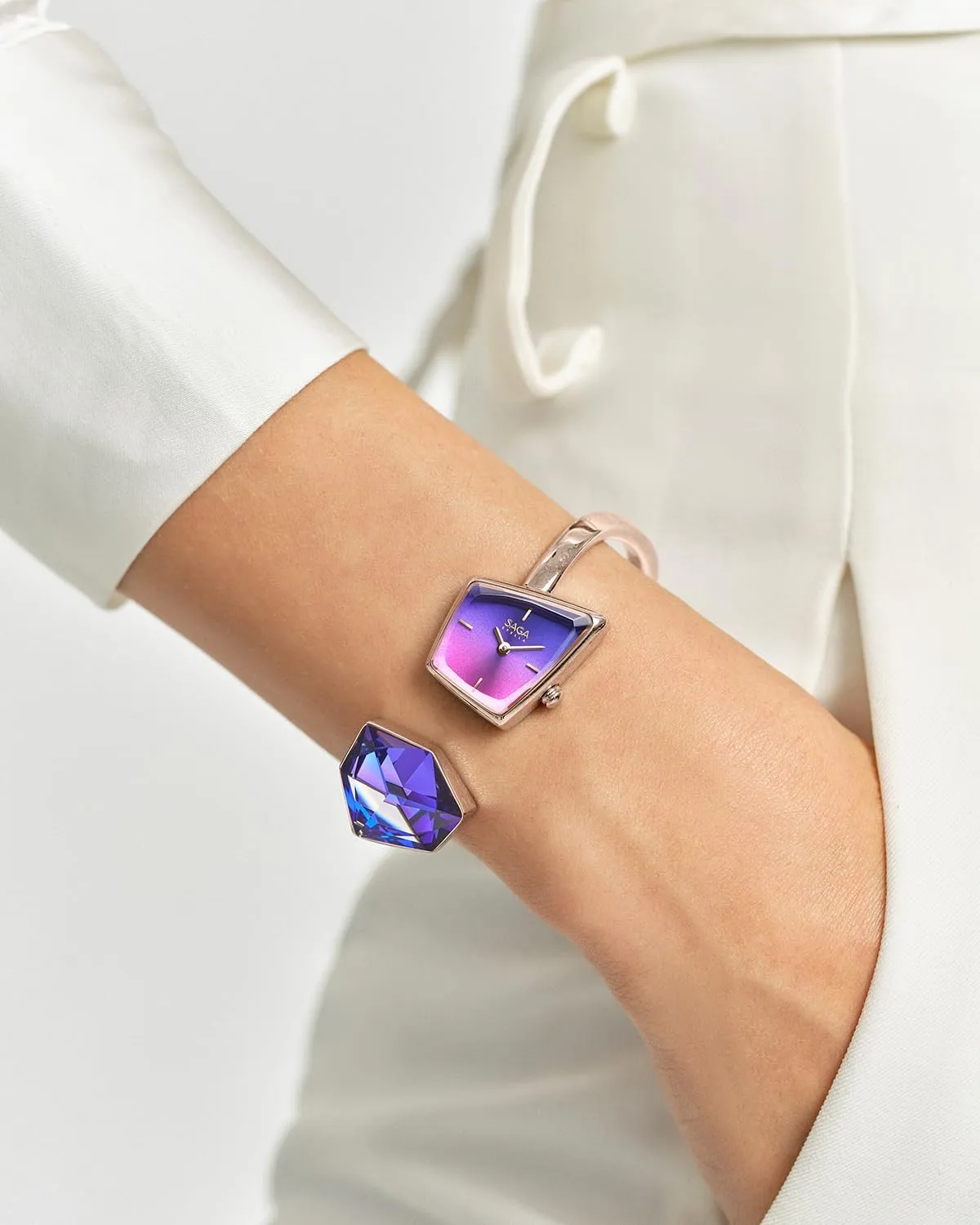 grace mormon Bracelet with Danube Crystals, Swiss Ronda Quartz Movement, 30M Water Resistant SAGA Illusion Women's Luxury Cuff Bangle Watch, Shaped Mineral Case, 316L Stainless Steel 