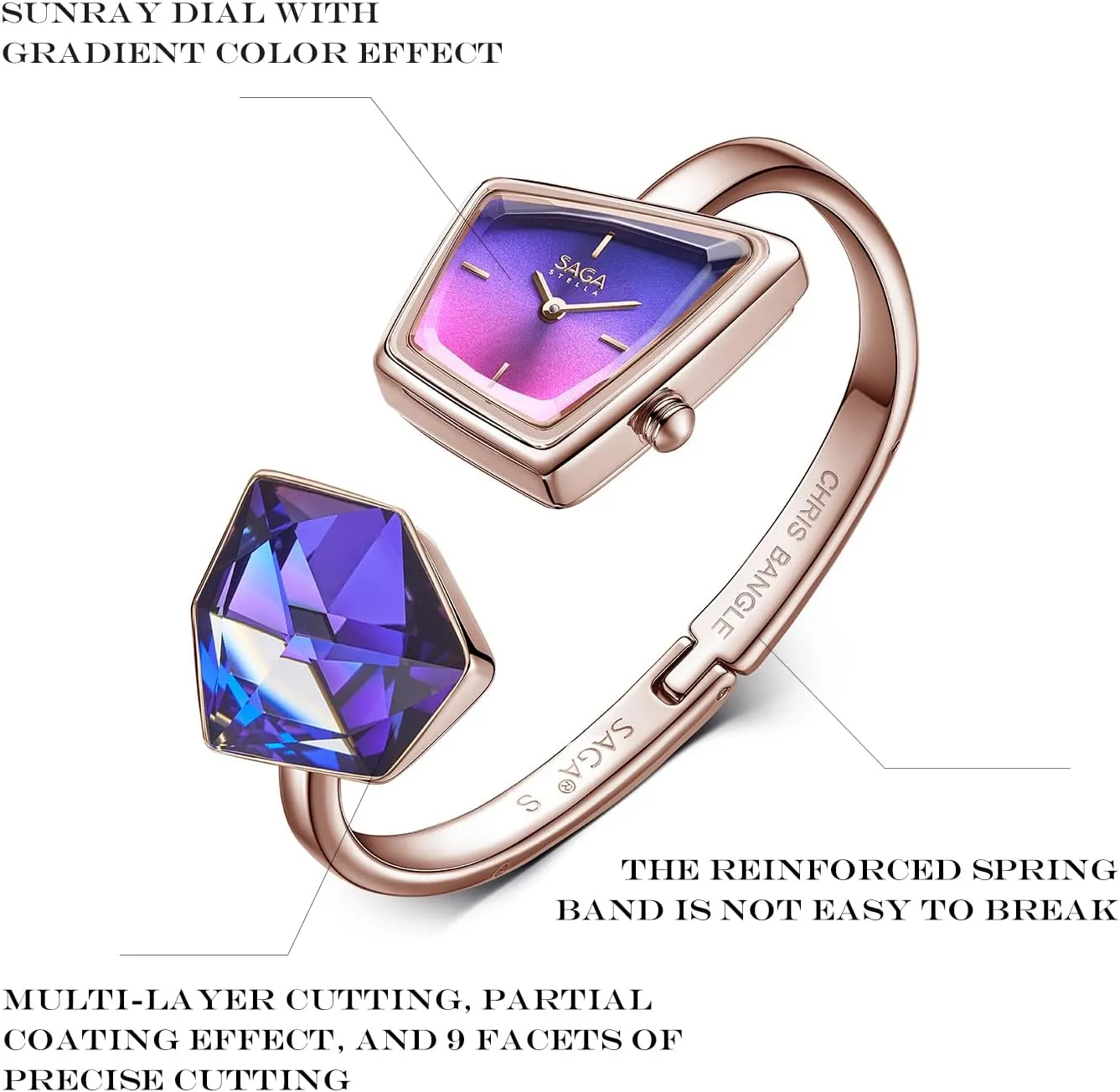 grace mormon Bracelet with Danube Crystals, Swiss Ronda Quartz Movement, 30M Water Resistant SAGA Illusion Women's Luxury Cuff Bangle Watch, Shaped Mineral Case, 316L Stainless Steel 