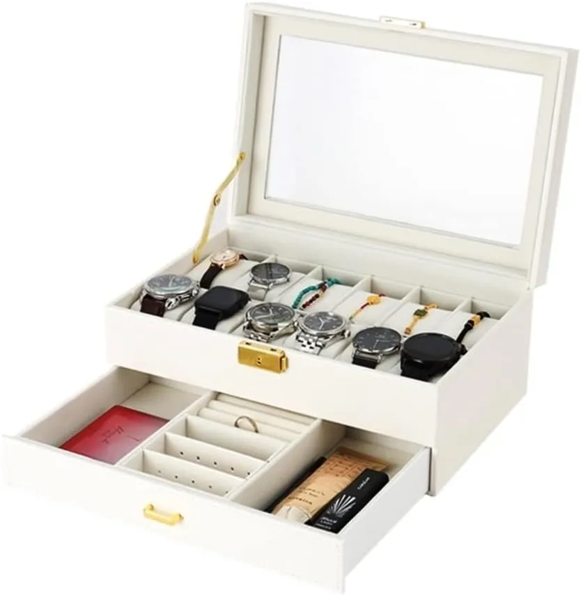 Grids Watch Box Watch Box GaRcan Watch Case Watch Box Double Layer loathsome significant spurn Leather Wood Ring Necklace Jewelry Storage Organizer Container Display 