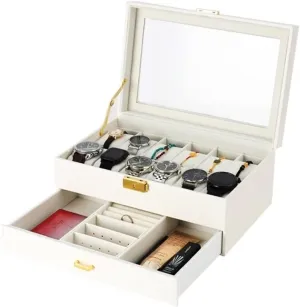 Grids Watch Box Watch Box GaRcan Watch Case Watch Box Double Layer loathsome significant spurn Leather Wood Ring Necklace Jewelry Storage Organizer Container Display 