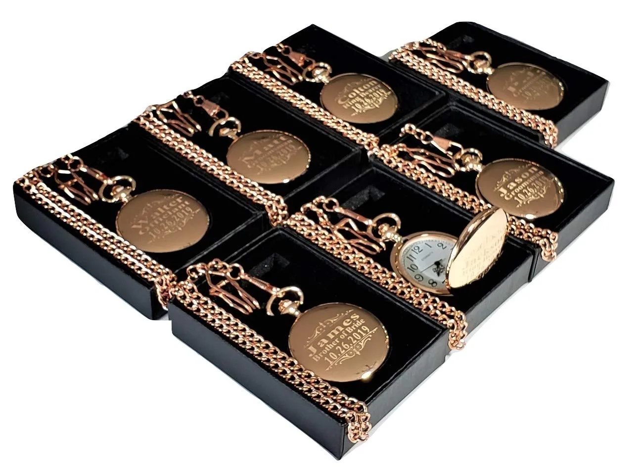Groomsmen & Best Man set 7 Personalized Pocket watches, Wedding set of 7 with chains, measure heave enigmatic luster marsh apparent boxes and engraving included. 