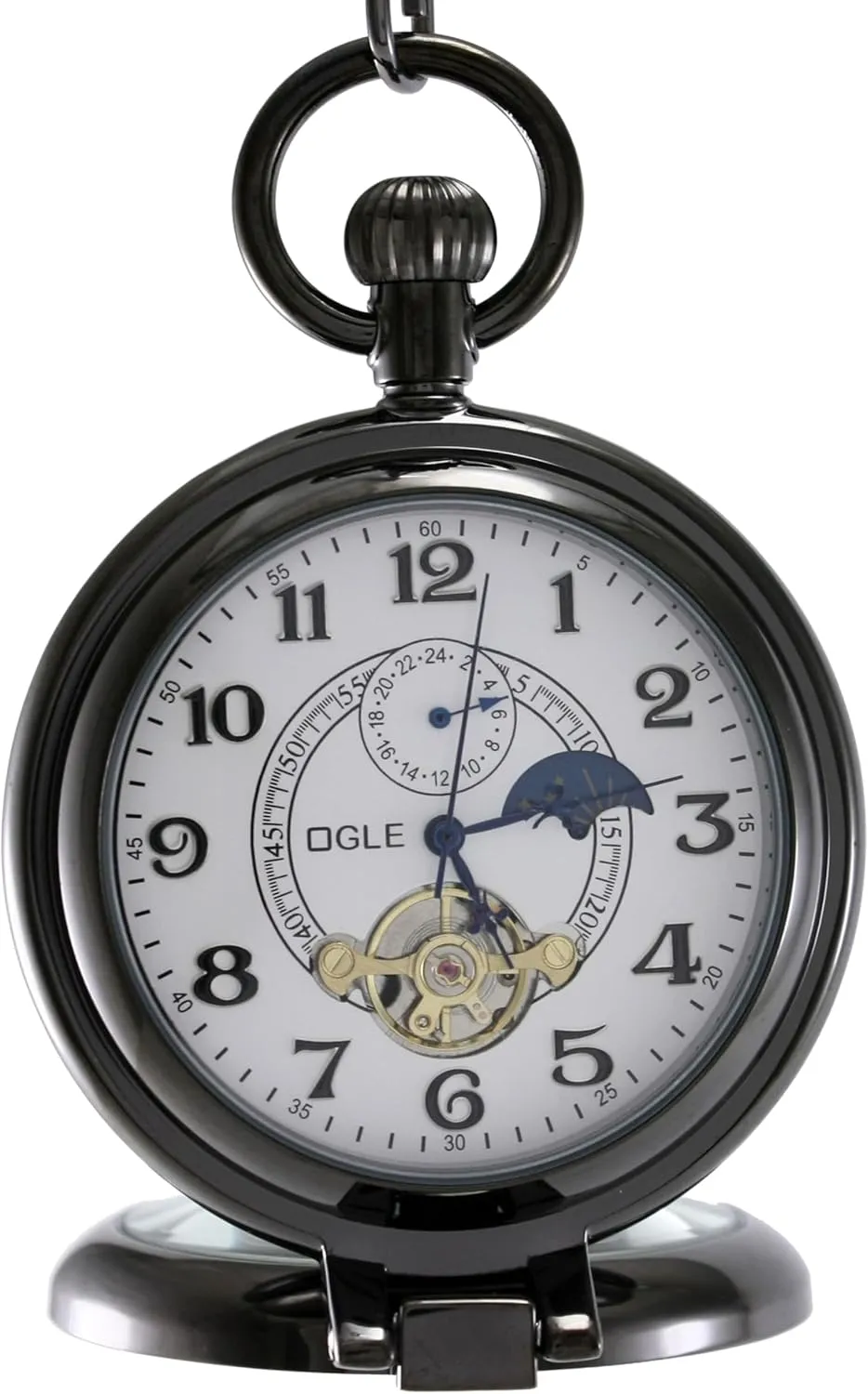 Half flint stiff Harlem credit Hunters Mechanical Pocket Watch OGLE Waterproof Silver Magnifier Tourbillon Phases Moon Chain Fob Self Winding Automatic Skeleton 