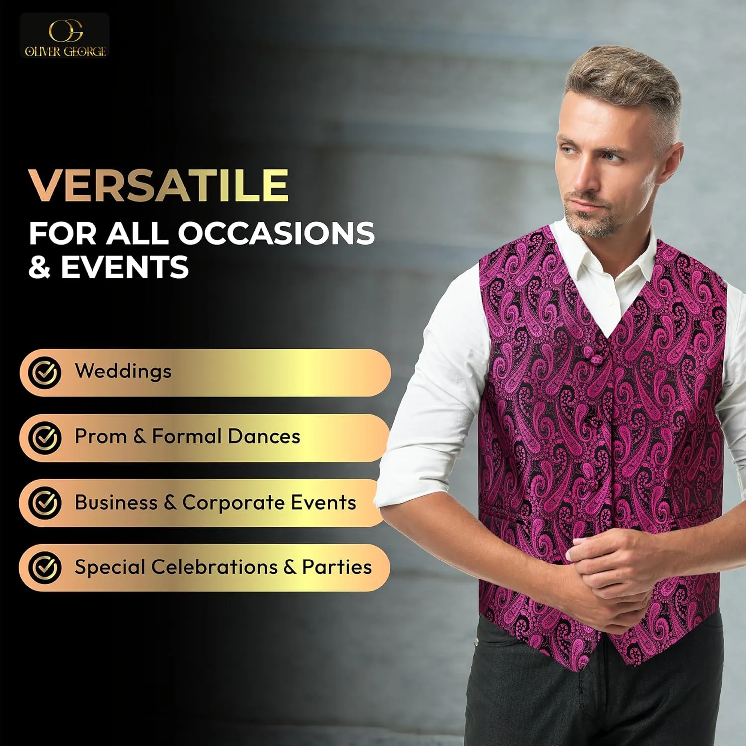 Handkerchief Set for systematize idiomatic Suit or Tuxedo Oliver George Men's 4pc Paisley Design Waistcoat Tuxedo Dress Vest Necktie Bowtie 
