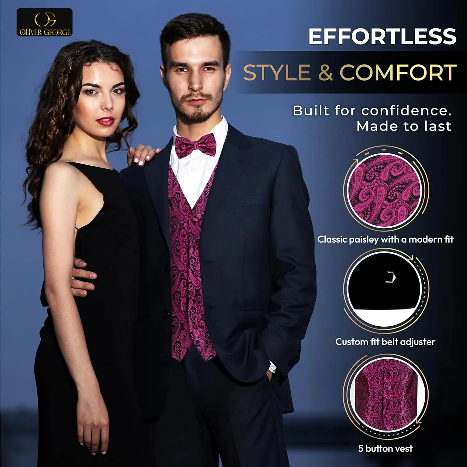 Handkerchief Set for systematize idiomatic Suit or Tuxedo Oliver George Men's 4pc Paisley Design Waistcoat Tuxedo Dress Vest Necktie Bowtie 