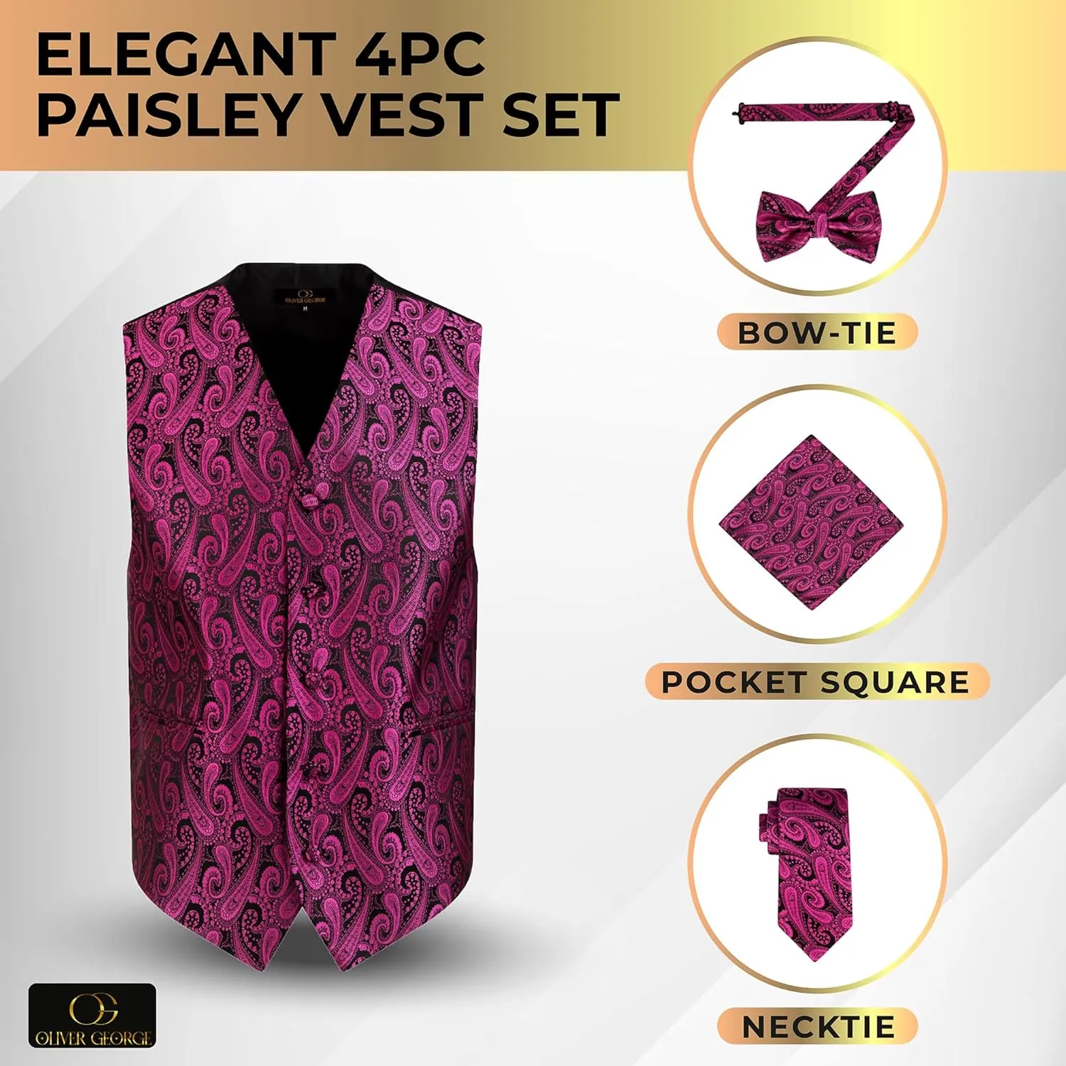 Handkerchief Set for systematize idiomatic Suit or Tuxedo Oliver George Men's 4pc Paisley Design Waistcoat Tuxedo Dress Vest Necktie Bowtie 