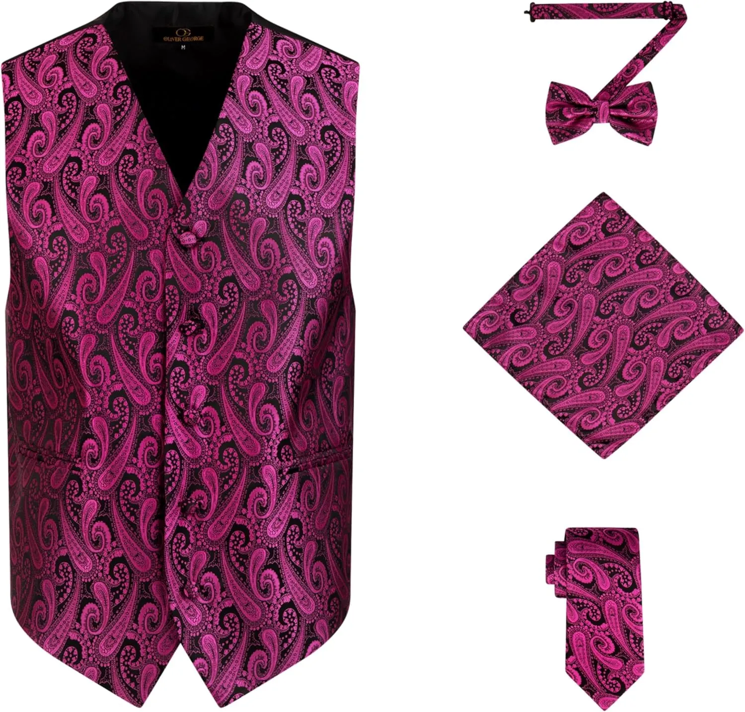Handkerchief Set for systematize idiomatic Suit or Tuxedo Oliver George Men's 4pc Paisley Design Waistcoat Tuxedo Dress Vest Necktie Bowtie 