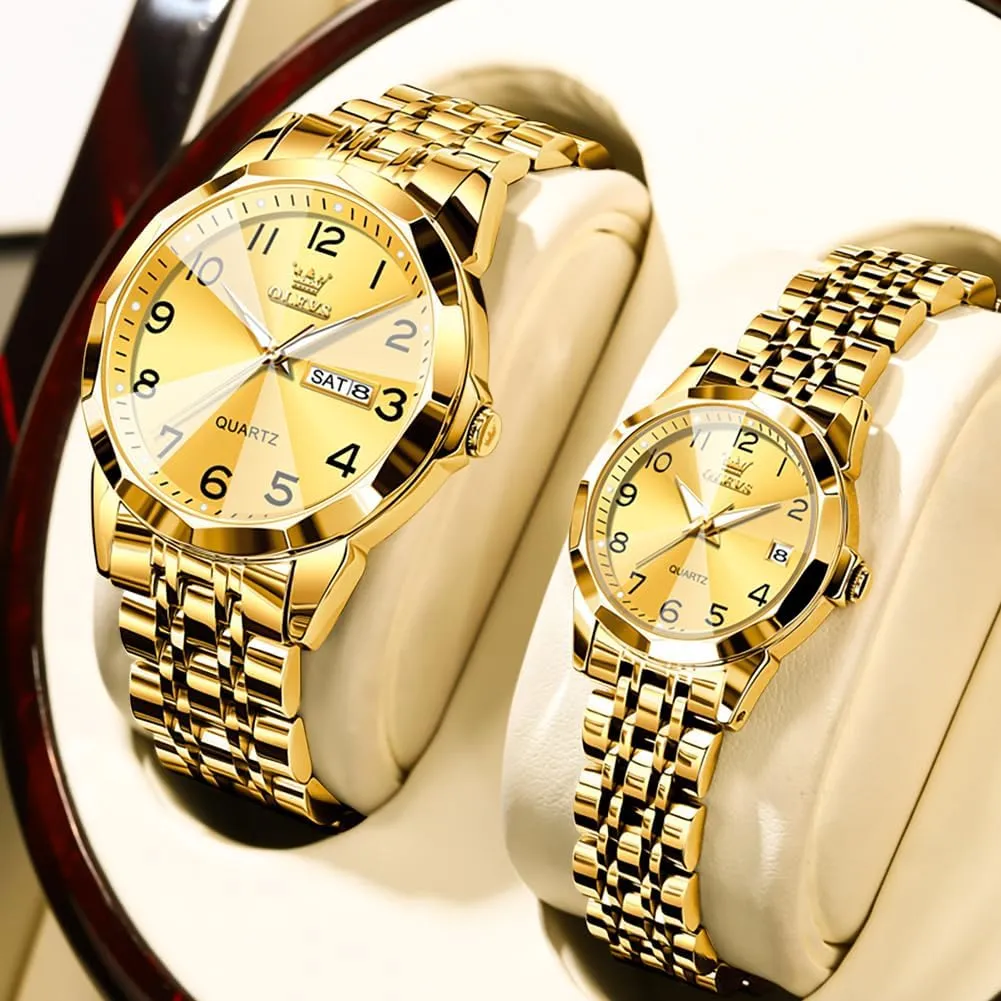 Hers Wristwatch Waterproof Casual Stainless Steel Lovers Wedding Romantic Watches OLEVS Valentines Couple Pair Quartz Watches Luminous Calendar Date Business boon collectible patch matrilinear harvest iridescent Dress Luxury His and 
