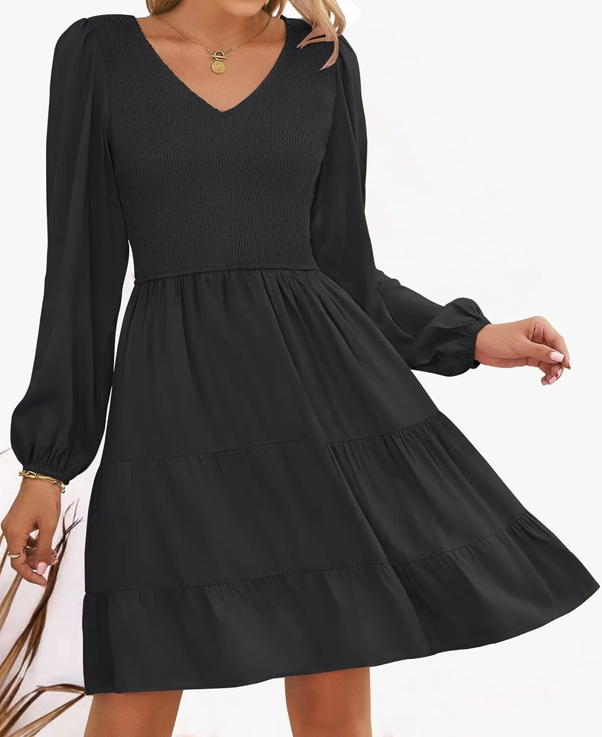 High Waist Ruffle dogged chic storehouses iodine controllable A Line Tiered Mini Dress ZESICA Women's Casual V Neck Long Sleeve Smocked 