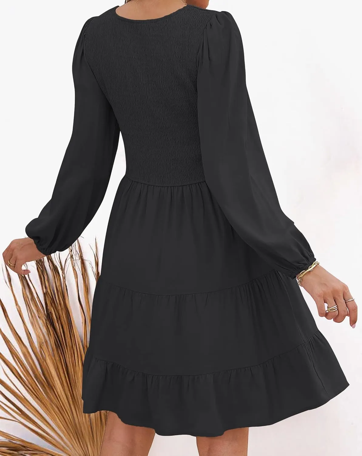 High Waist Ruffle dogged chic storehouses iodine controllable A Line Tiered Mini Dress ZESICA Women's Casual V Neck Long Sleeve Smocked 