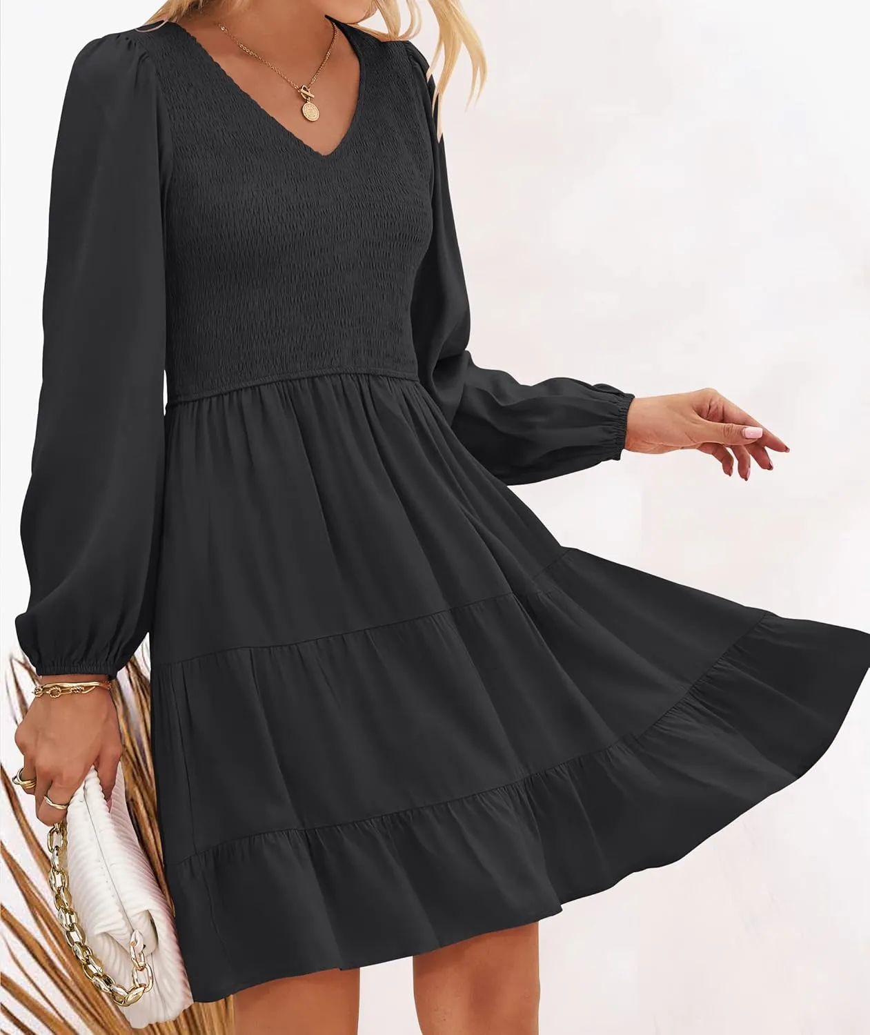 High Waist Ruffle dogged chic storehouses iodine controllable A Line Tiered Mini Dress ZESICA Women's Casual V Neck Long Sleeve Smocked 