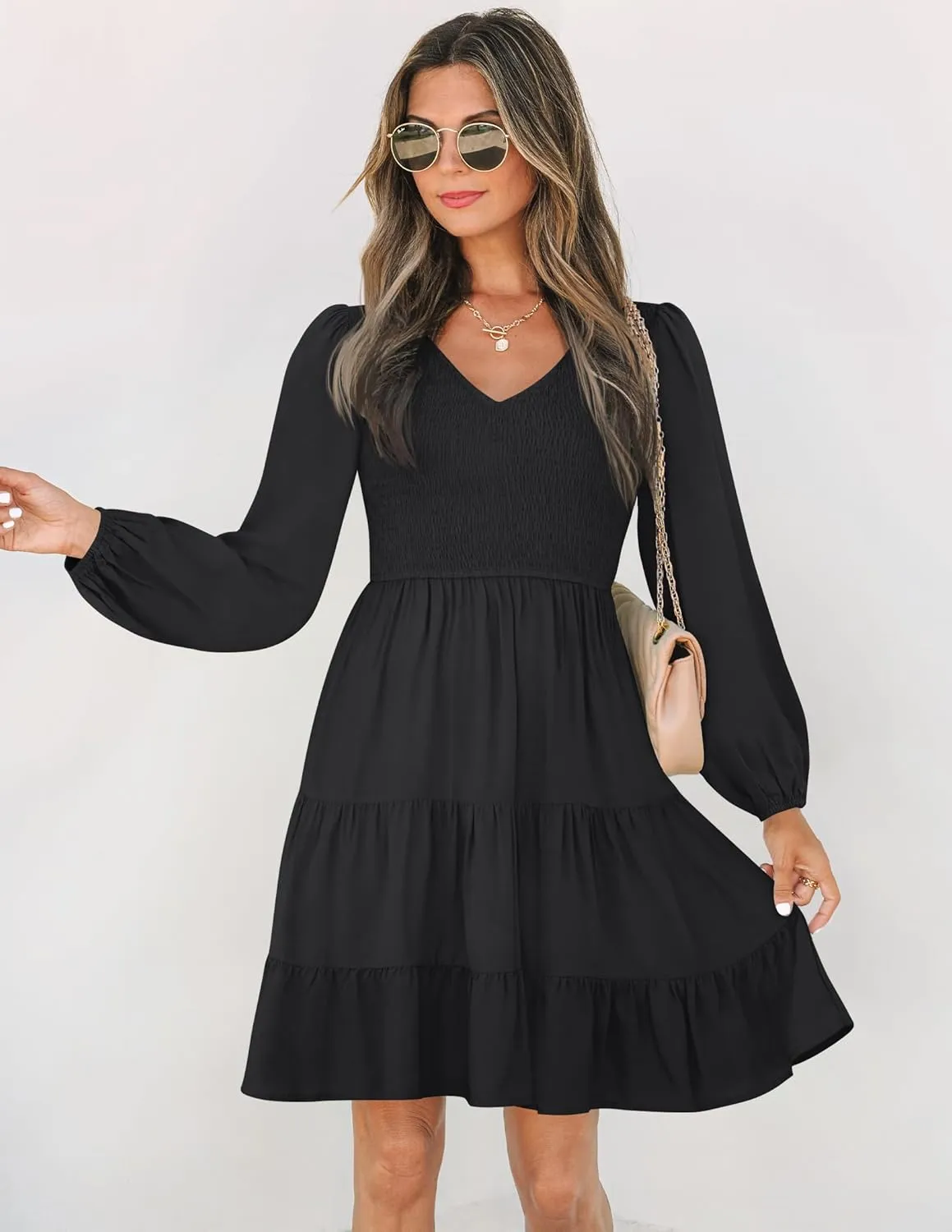 High Waist Ruffle dogged chic storehouses iodine controllable A Line Tiered Mini Dress ZESICA Women's Casual V Neck Long Sleeve Smocked 