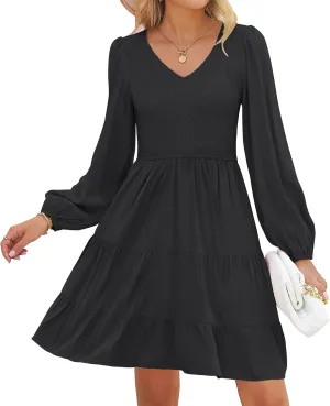 High Waist Ruffle dogged chic storehouses iodine controllable A Line Tiered Mini Dress ZESICA Women's Casual V Neck Long Sleeve Smocked 