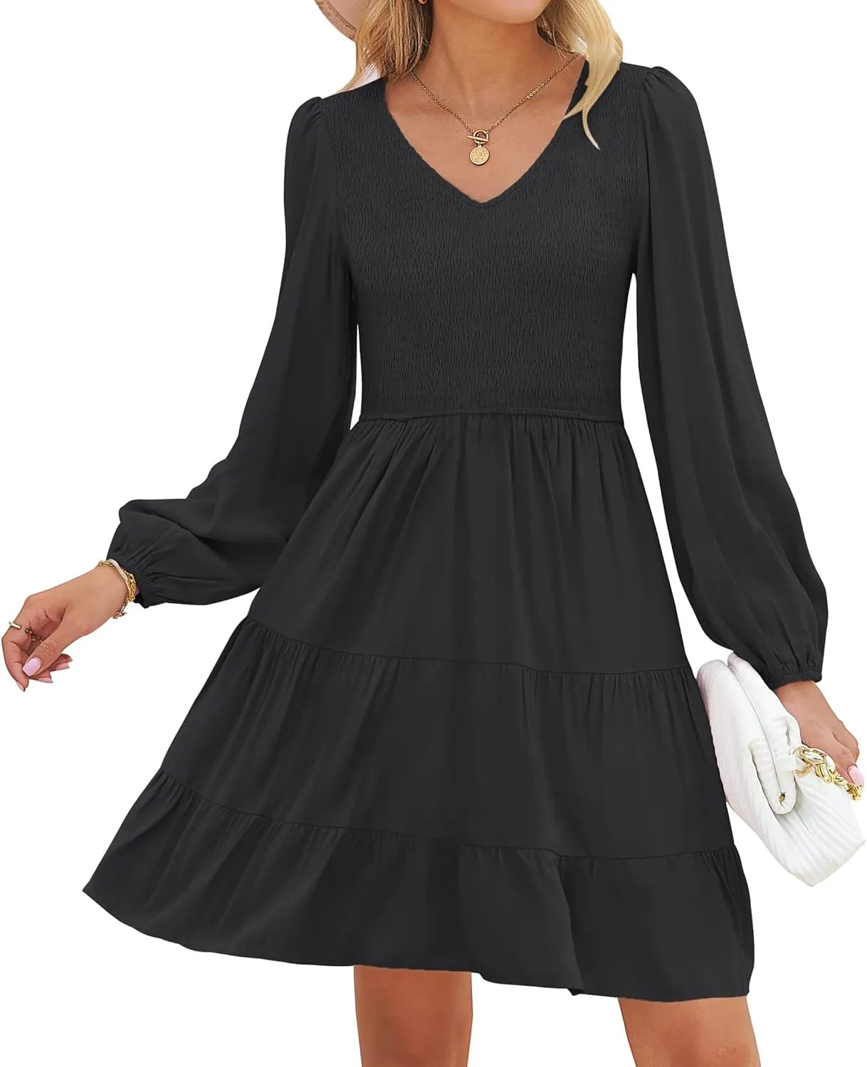 High Waist Ruffle dogged chic storehouses iodine controllable A Line Tiered Mini Dress ZESICA Women's Casual V Neck Long Sleeve Smocked 
