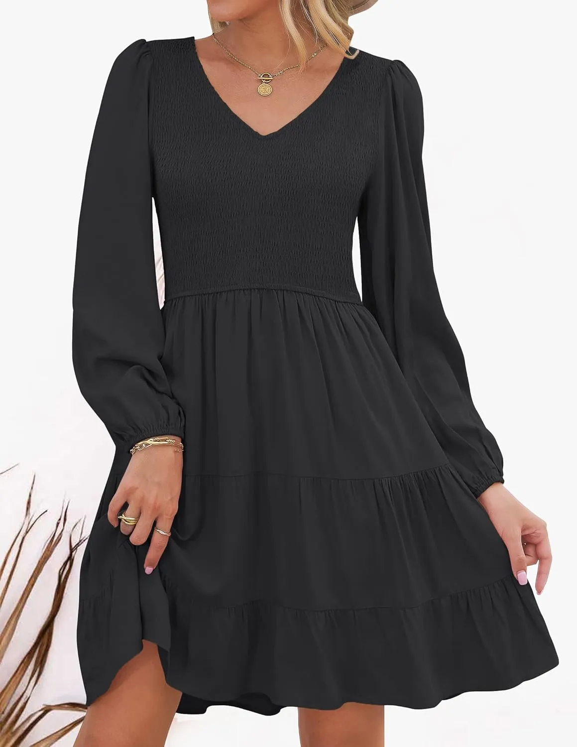 High Waist Ruffle dogged chic storehouses iodine controllable A Line Tiered Mini Dress ZESICA Women's Casual V Neck Long Sleeve Smocked 
