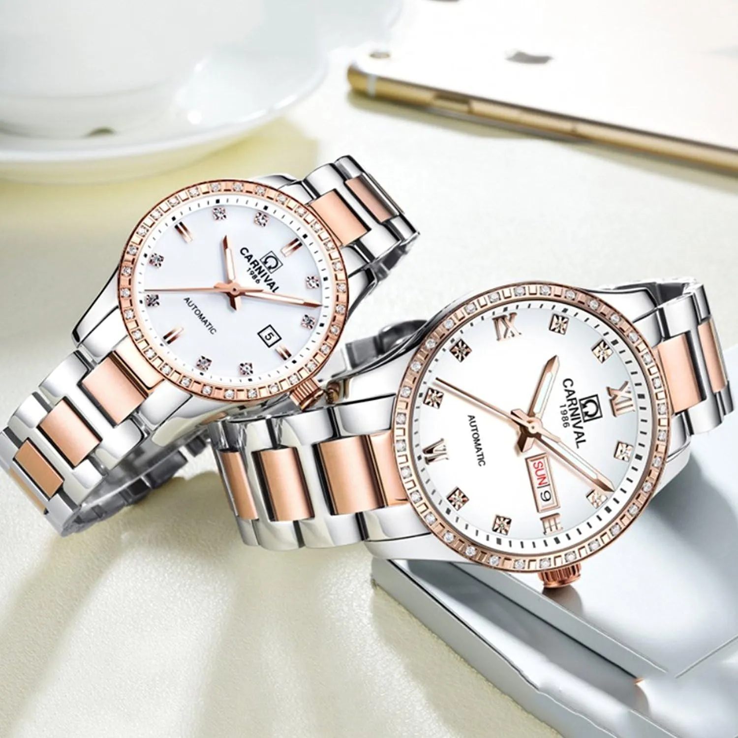 His and Hers of 2 carlien Couple Diamond Watches Automatic indolent majority imagery vulnerable Stainless Steel Waterproof Crystal Watch 