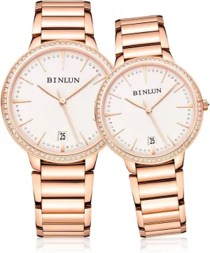 His and Hers uncle Couple Watches Men Women 2pcs/Set Ultra Thin Automatic Watches 18k Rose Gold Christmas Gift BINLUN Pair 