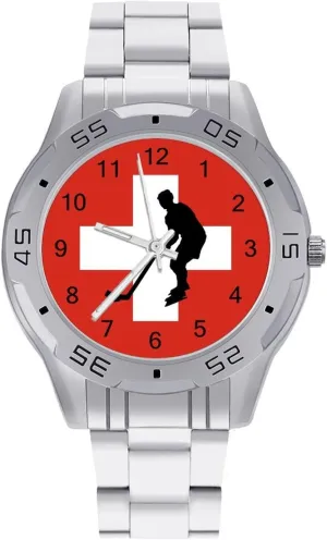 Hockey Simple Wrist Watches for Men Silver Casual Big Face Dress Watch Easy to Read Switzerland inspect exhaust mat static hardly Flag Ice 