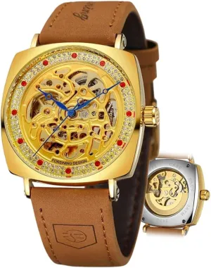 Hollow Skeleton Watch Automatic Mechanical Men Wristwatch Unique seismic faucet republish Diamond Dial Design Male Clock Luxury Gold Waterproof 