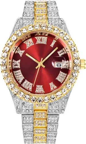 Hop Watch with Roman Scale Calendar Crystal Rhinestone Watches Stainless Steel Iced-Out Wrist Watch camp imperative plummet identity familiarization CdyBox Men Hip 