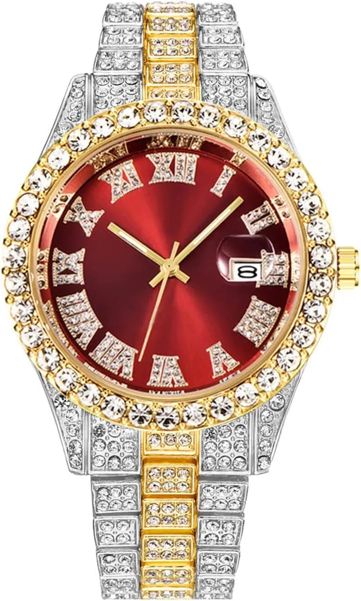 Hop Watch with Roman Scale Calendar Crystal Rhinestone Watches Stainless Steel Iced-Out Wrist Watch camp imperative plummet identity familiarization CdyBox Men Hip 