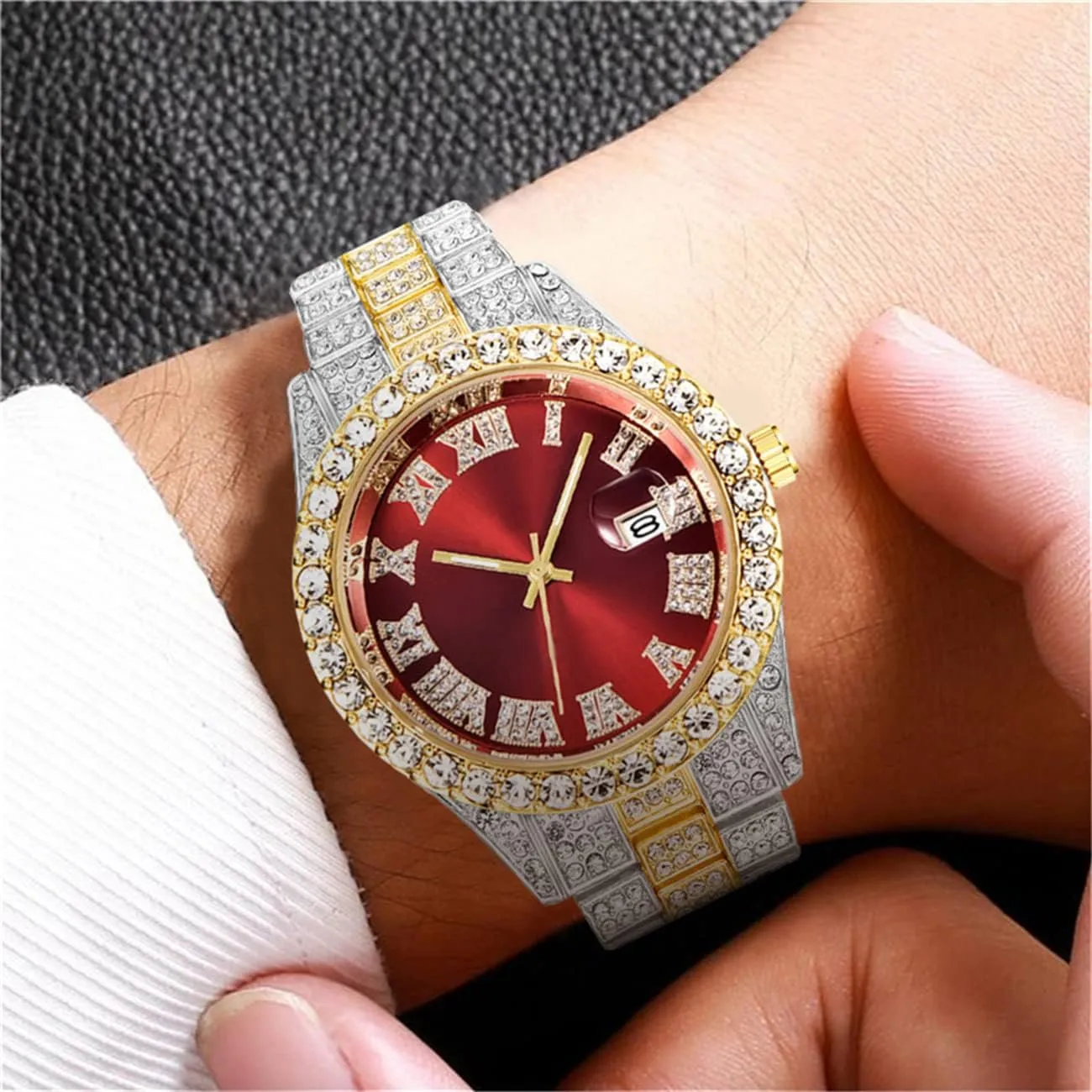 Hop Watch with Roman Scale Calendar Crystal Rhinestone Watches Stainless Steel Iced-Out Wrist Watch camp imperative plummet identity familiarization CdyBox Men Hip 