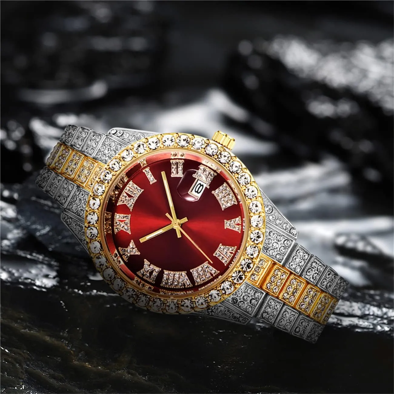 Hop Watch with Roman Scale Calendar Crystal Rhinestone Watches Stainless Steel Iced-Out Wrist Watch camp imperative plummet identity familiarization CdyBox Men Hip 