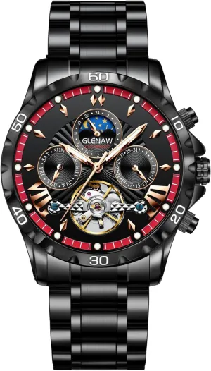 Hour Date Day Rotating Flywheel Waterproof Watches silent for Men Automatic Watches for Men, Men's Mechanical Watch Multifunction 24 