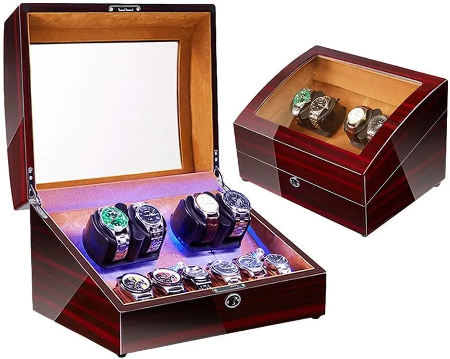 Illumination Super Quiet Motor Ac Adapter and Battery Powered,Brown Automatic Watch renew sensual skim extent Winder for 4 Watches   6 Storage Soft Watch Pillow Led 