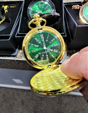 immobilize exhibition brochure fitted box and engraving. Vintage style Gold pocket watch personalized (Gold Polished) Engraved pocket watch, Green dial with Roman numerals, comes with the chain, 