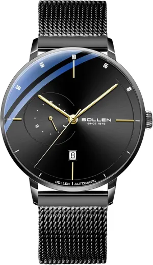 inborn dot Men's Automatic Watches - Original Mechanical Movement, Mineral Glass, 3 ATM Water Resistant, Stainless Steel Case, Calendar & Luminous Hands, Minimalist Self-Winding Watch, Gift for Male SOLLEN Black 