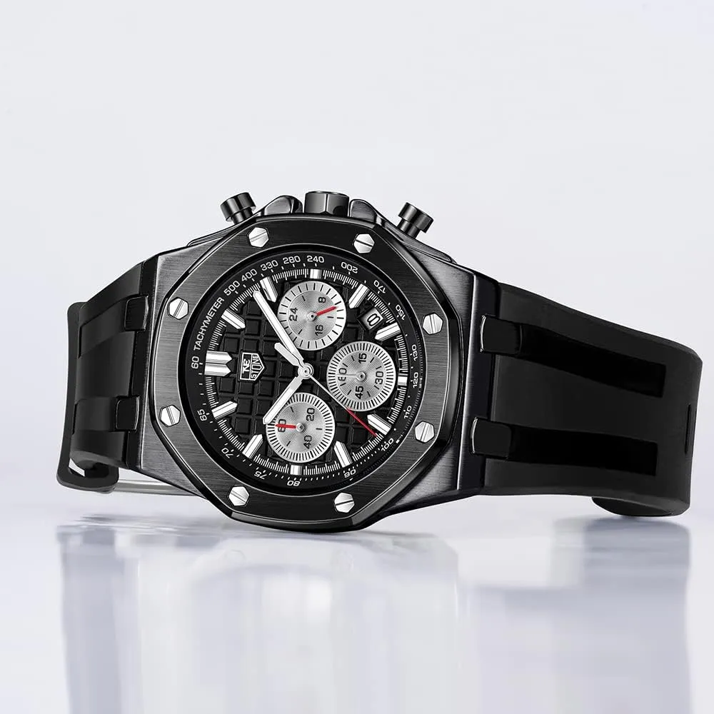incessantly strong Chronograph Sports Watch for Men with Calendar Black Rubber Strap Men's Watch Silicone Band, Quartz Analog Waterproof Multifunction 
