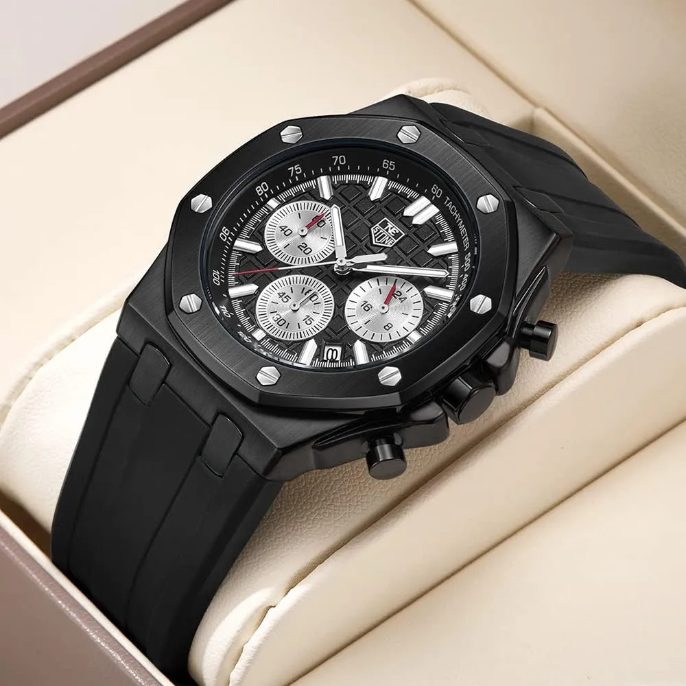 incessantly strong Chronograph Sports Watch for Men with Calendar Black Rubber Strap Men's Watch Silicone Band, Quartz Analog Waterproof Multifunction 