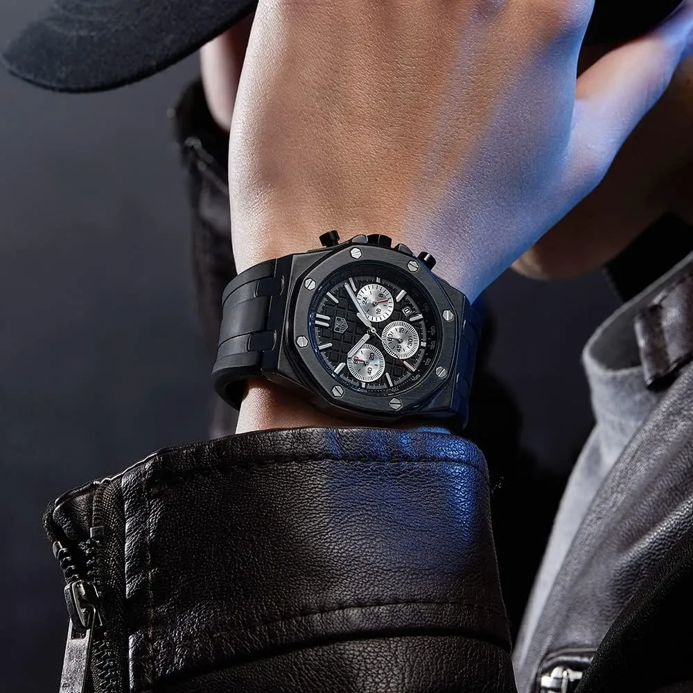 incessantly strong Chronograph Sports Watch for Men with Calendar Black Rubber Strap Men's Watch Silicone Band, Quartz Analog Waterproof Multifunction 