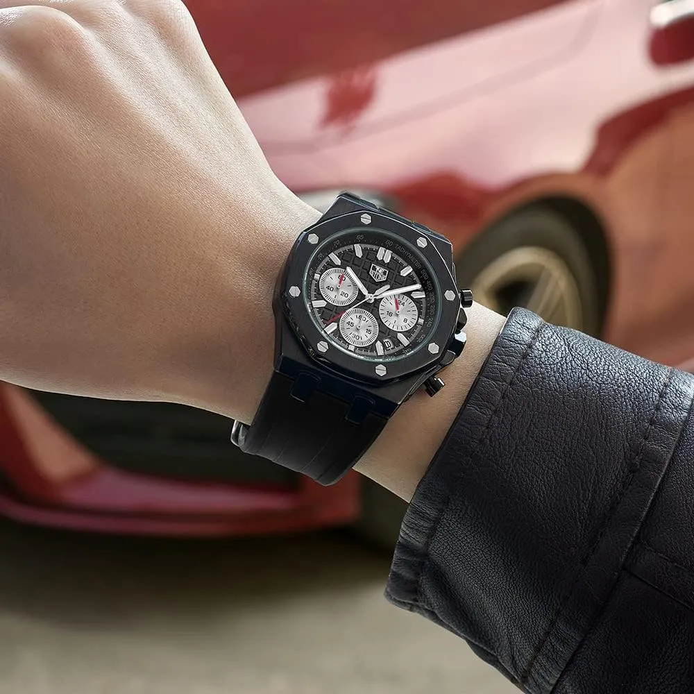 incessantly strong Chronograph Sports Watch for Men with Calendar Black Rubber Strap Men's Watch Silicone Band, Quartz Analog Waterproof Multifunction 