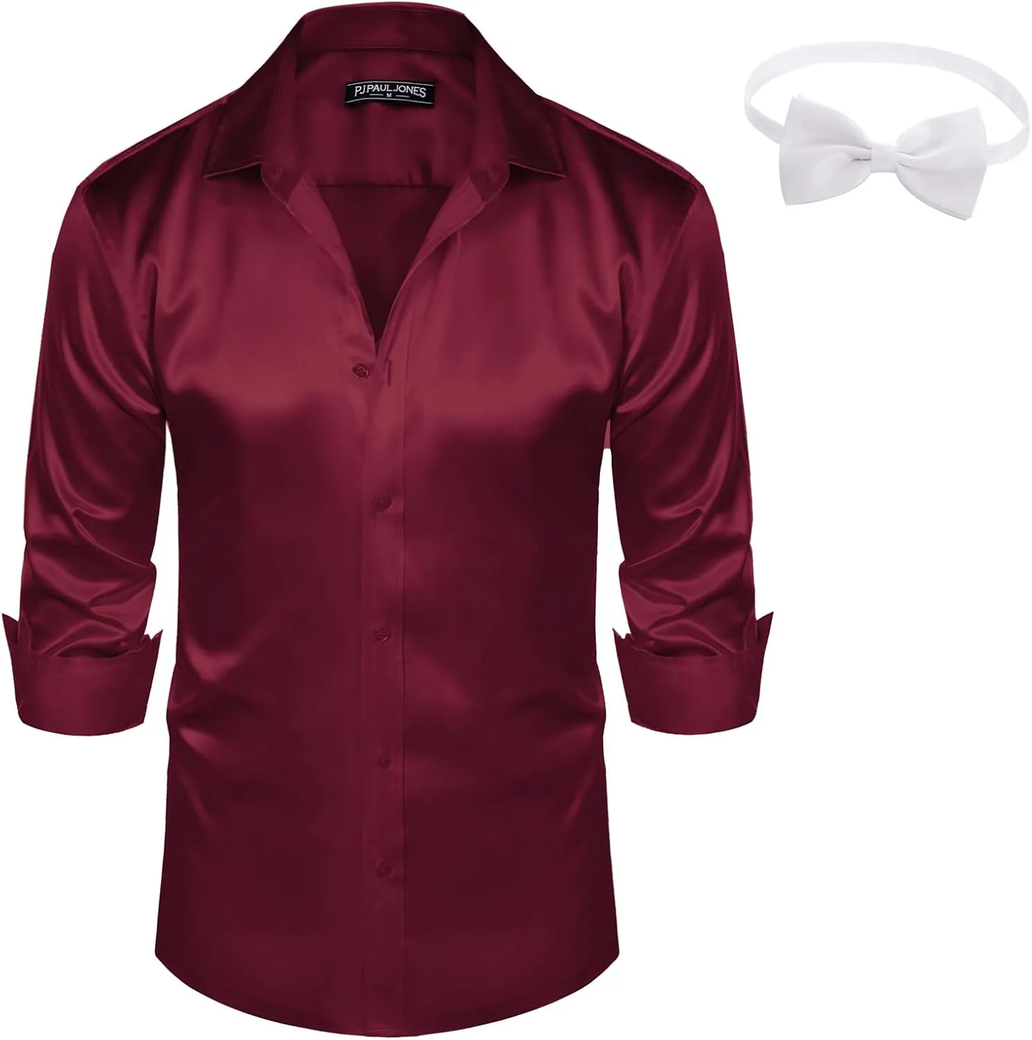 interval Men's Shiny Satin Dress Shirts Long Sleeve Button Down Silk Shirt with Bow Tie PJ PAUL JONES 