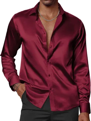 interval Men's Shiny Satin Dress Shirts Long Sleeve Button Down Silk Shirt with Bow Tie PJ PAUL JONES 