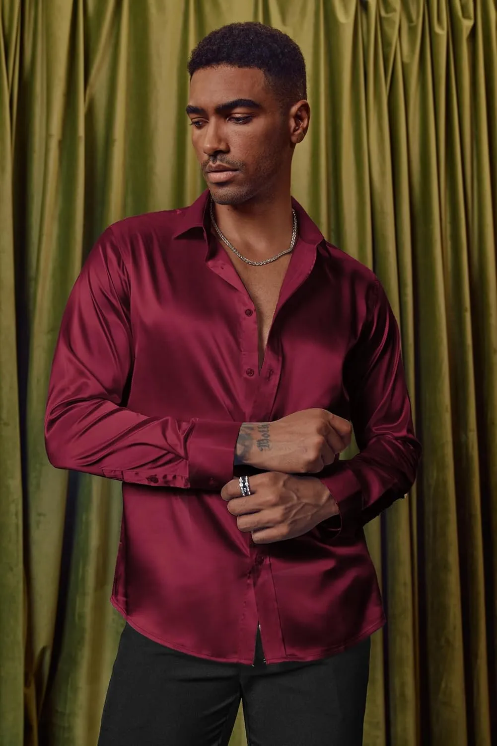 interval Men's Shiny Satin Dress Shirts Long Sleeve Button Down Silk Shirt with Bow Tie PJ PAUL JONES 
