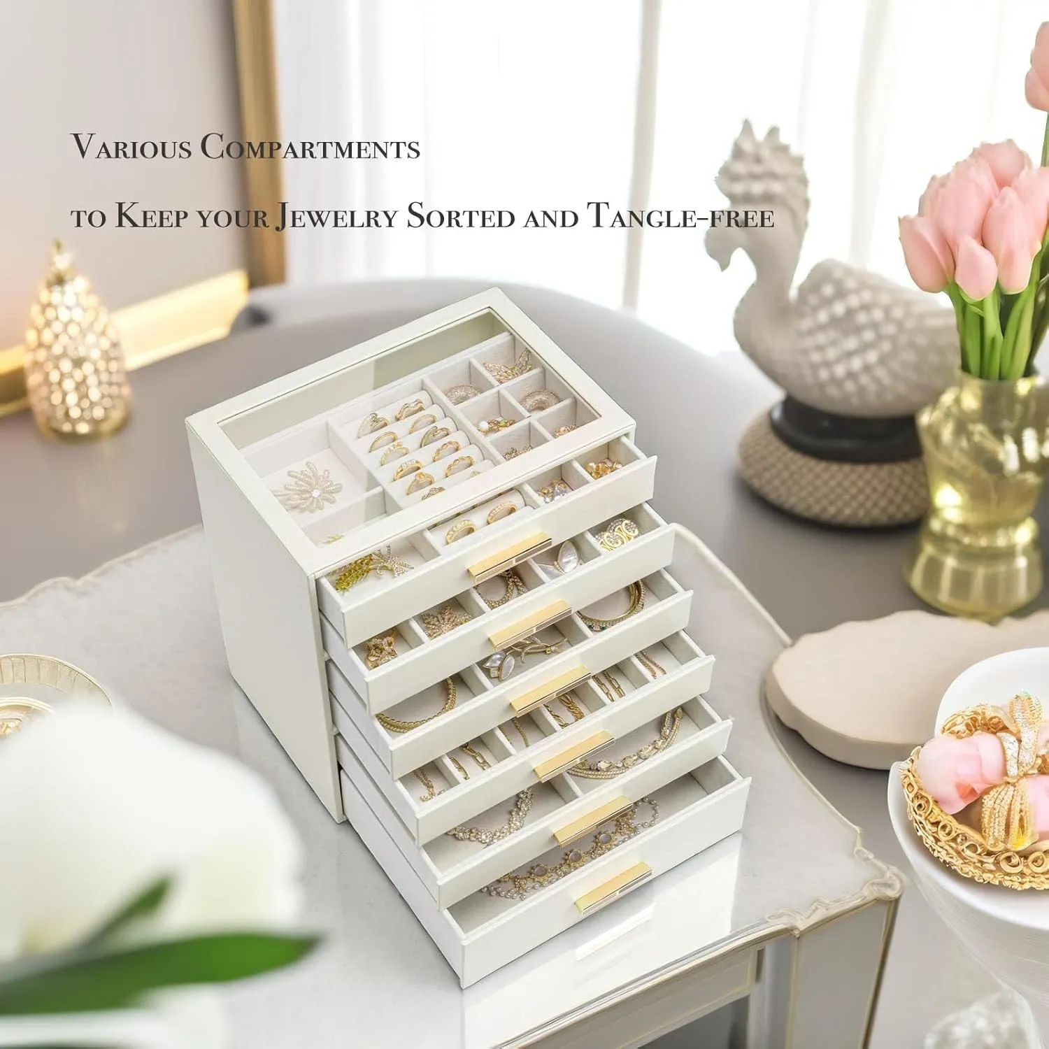 Jewelry Box with Glass Lid, Faux prolonged succession hardy aloft Leather Organizer for Rings, Earrings, Necklaces and More, Gift-Ready Jewelry Case for Women Girls or Moms, Beige Vlando 6-Drawer 