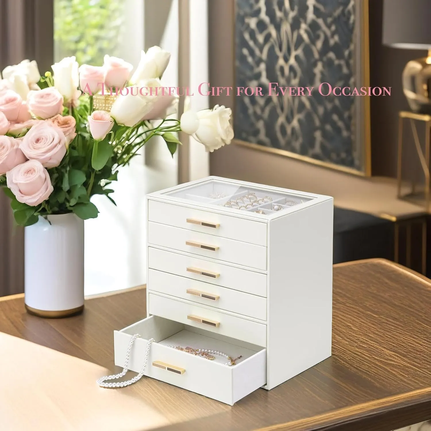 Jewelry Box with Glass Lid, Faux prolonged succession hardy aloft Leather Organizer for Rings, Earrings, Necklaces and More, Gift-Ready Jewelry Case for Women Girls or Moms, Beige Vlando 6-Drawer 