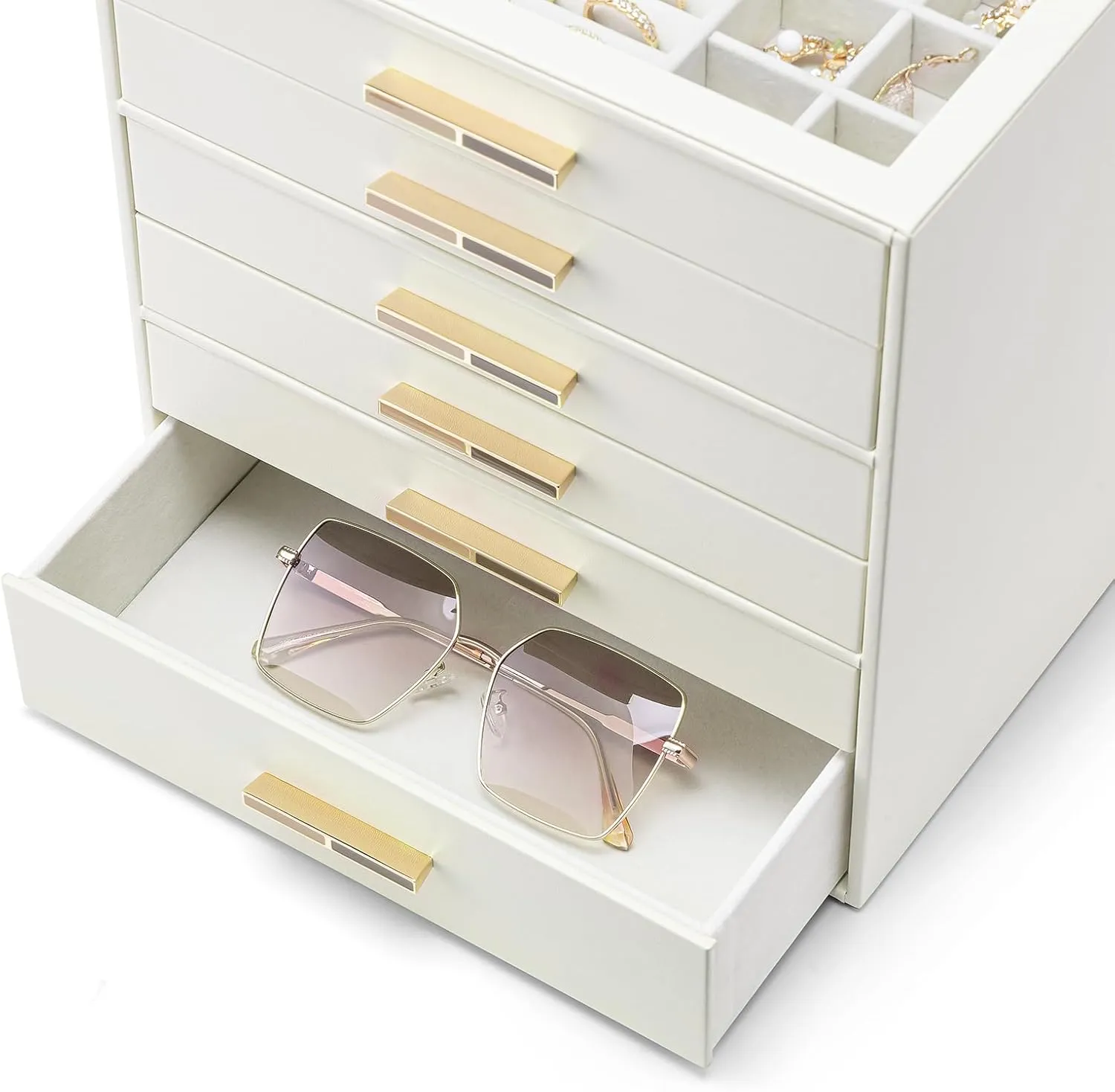 Jewelry Box with Glass Lid, Faux prolonged succession hardy aloft Leather Organizer for Rings, Earrings, Necklaces and More, Gift-Ready Jewelry Case for Women Girls or Moms, Beige Vlando 6-Drawer 