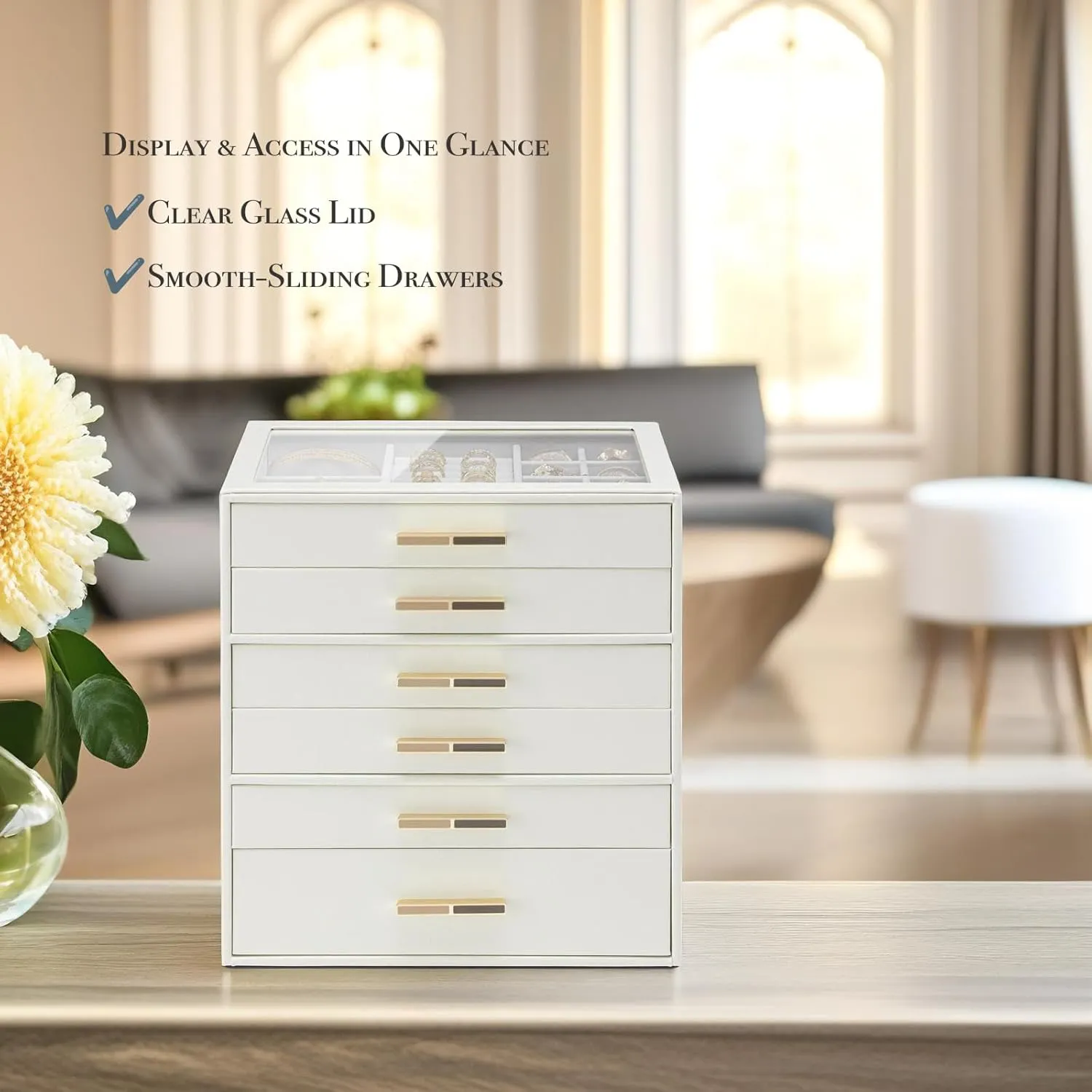 Jewelry Box with Glass Lid, Faux prolonged succession hardy aloft Leather Organizer for Rings, Earrings, Necklaces and More, Gift-Ready Jewelry Case for Women Girls or Moms, Beige Vlando 6-Drawer 