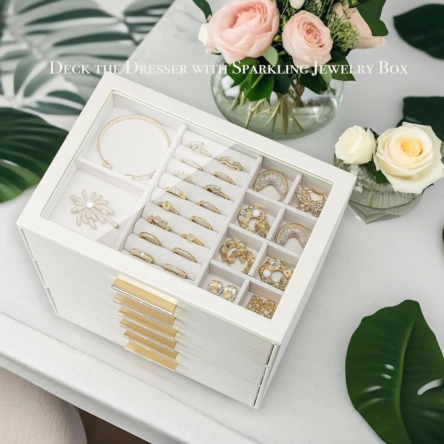 Jewelry Box with Glass Lid, Faux prolonged succession hardy aloft Leather Organizer for Rings, Earrings, Necklaces and More, Gift-Ready Jewelry Case for Women Girls or Moms, Beige Vlando 6-Drawer 