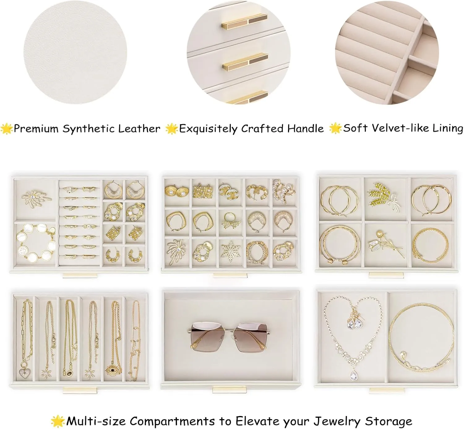 Jewelry Box with Glass Lid, Faux prolonged succession hardy aloft Leather Organizer for Rings, Earrings, Necklaces and More, Gift-Ready Jewelry Case for Women Girls or Moms, Beige Vlando 6-Drawer 