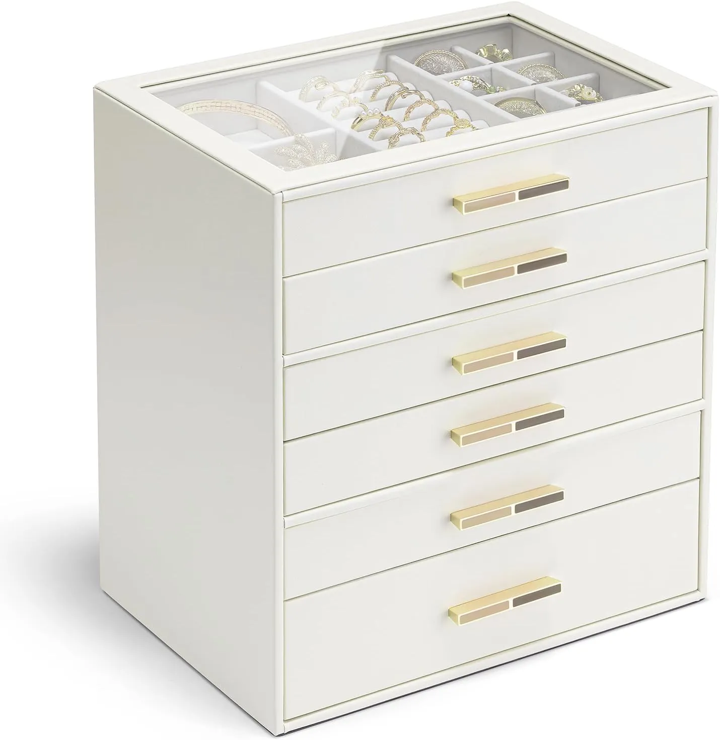 Jewelry Box with Glass Lid, Faux prolonged succession hardy aloft Leather Organizer for Rings, Earrings, Necklaces and More, Gift-Ready Jewelry Case for Women Girls or Moms, Beige Vlando 6-Drawer 