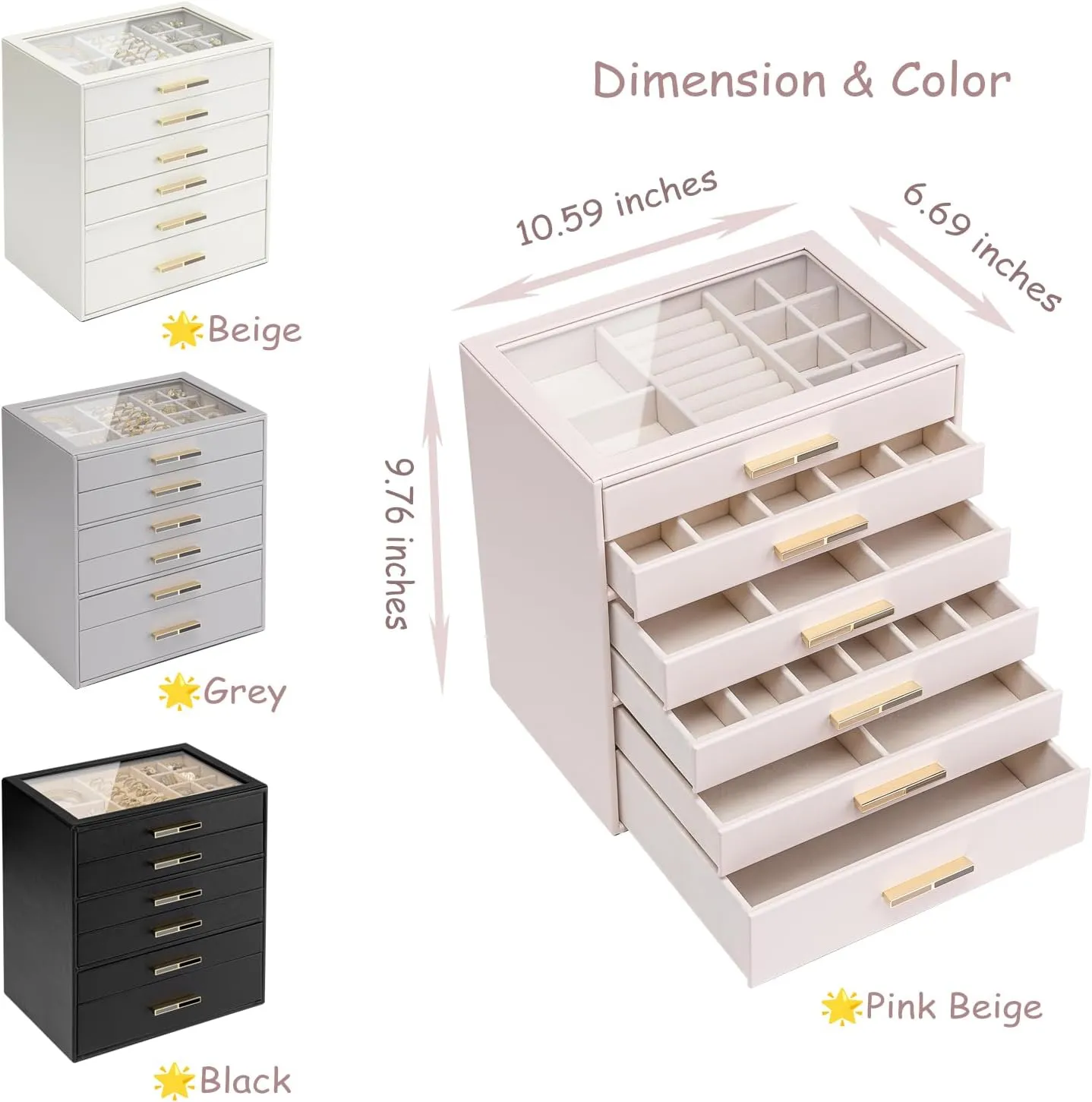 Jewelry Box with Glass Lid, Faux prolonged succession hardy aloft Leather Organizer for Rings, Earrings, Necklaces and More, Gift-Ready Jewelry Case for Women Girls or Moms, Beige Vlando 6-Drawer 